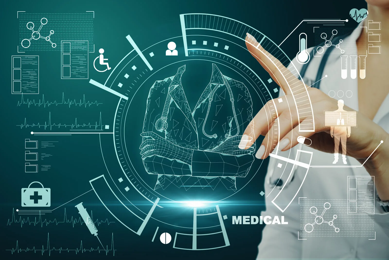Medical professional interacting with a digital healthcare technology interface