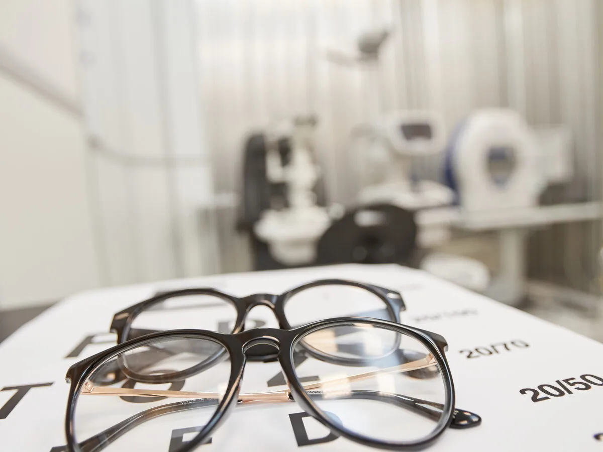 Eyeglasses resting on a printed eye-exam chart