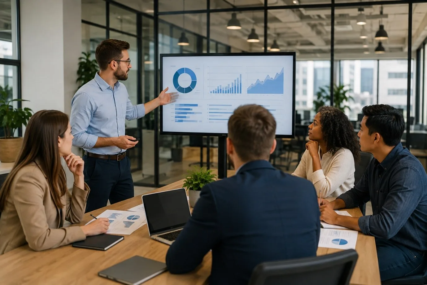 A team of professionals in a meeting room looking at a presentation on a screen