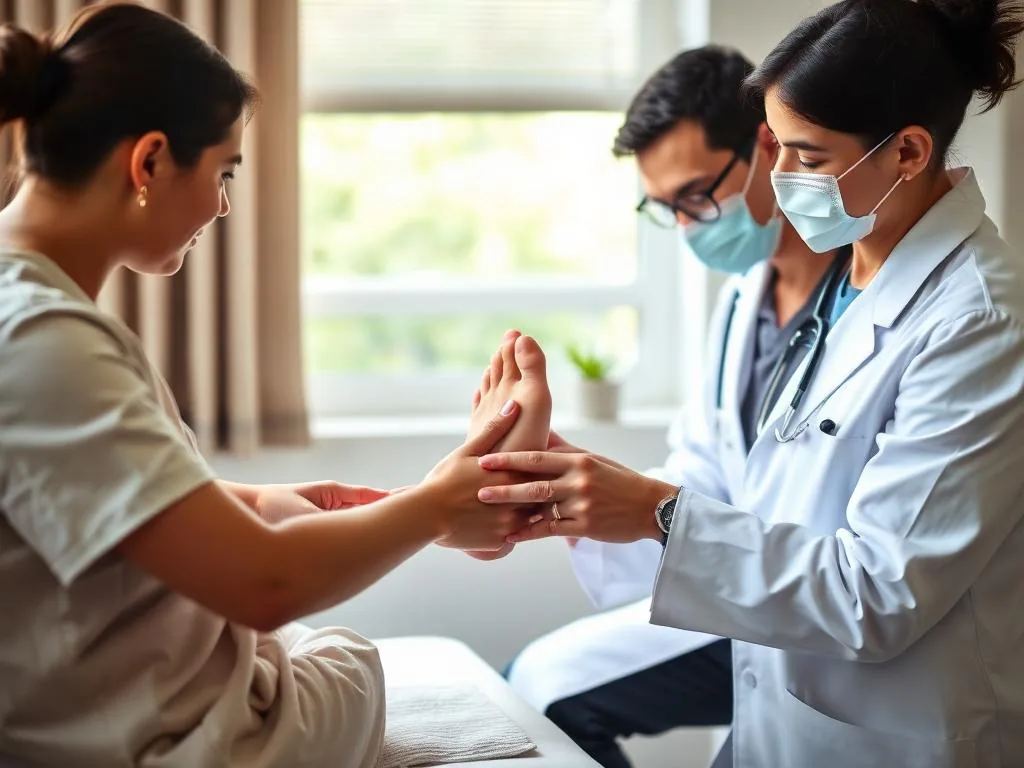 Surgeon examining a patient's foot in a clinic