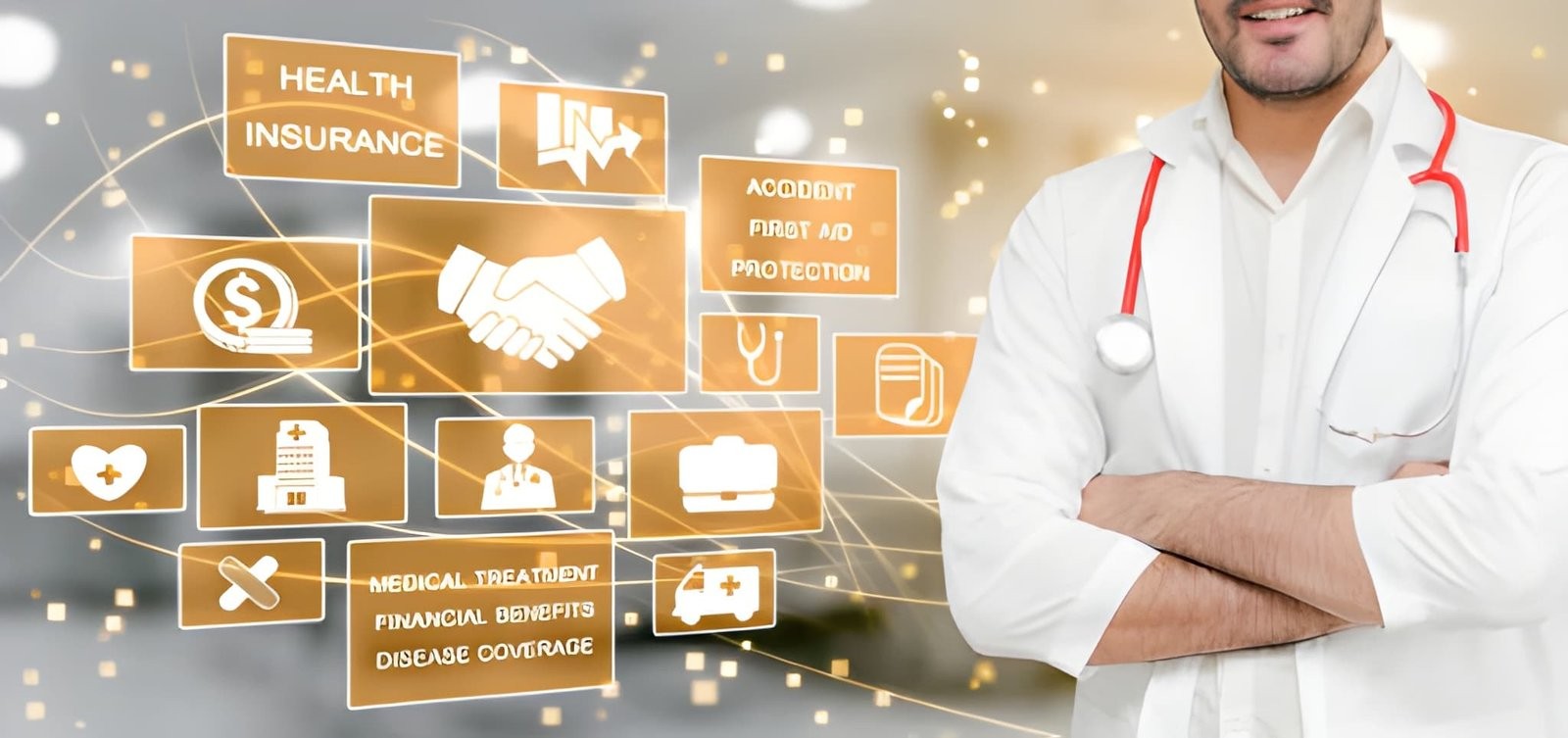 A doctor standing with arms crossed in front of a digital interface displaying healthcare-related icons and text labels such as Health Insurance, Medical Treatment, and Financial Benefits.