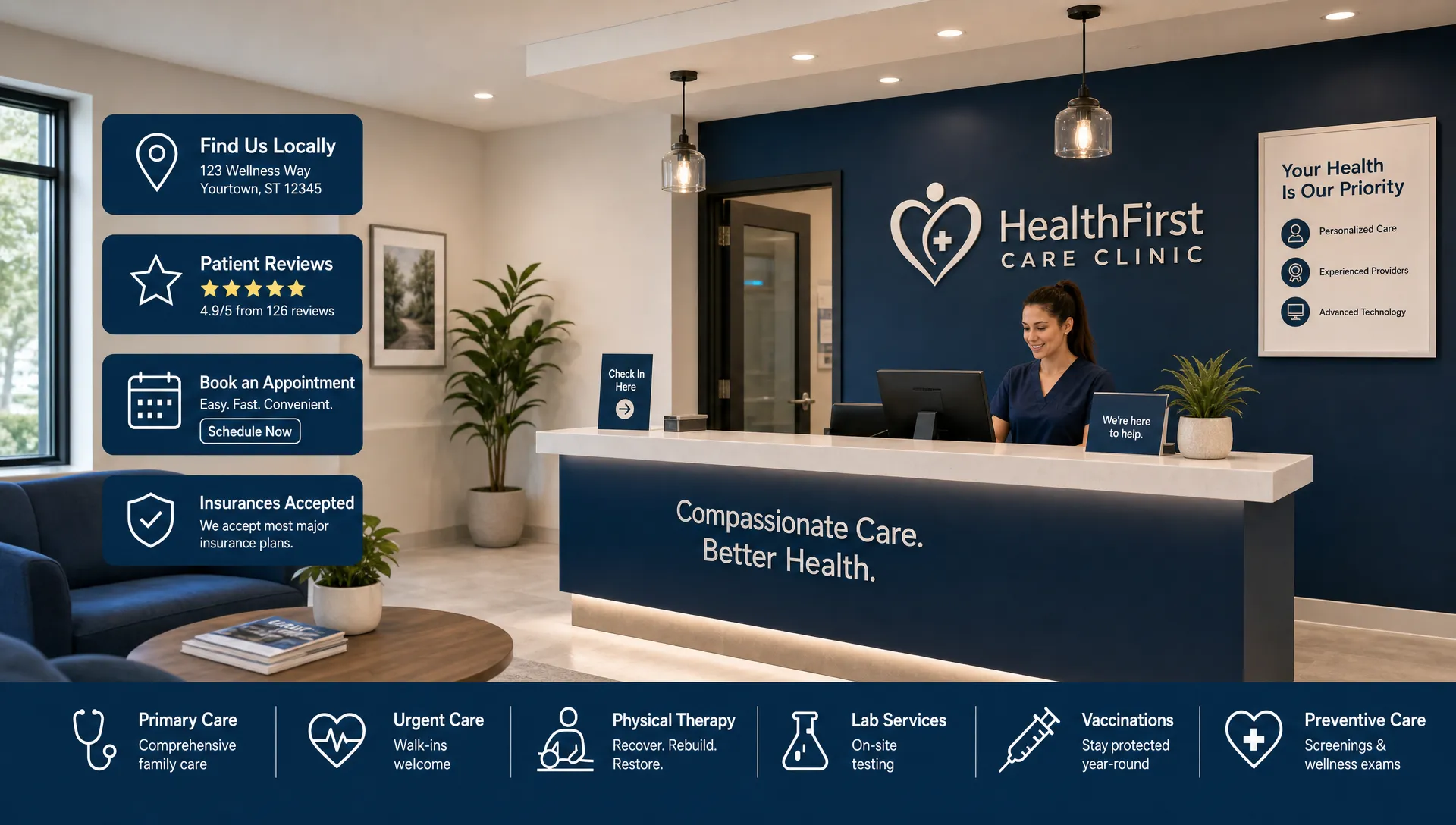 A modern healthcare clinic reception area with clear visual cues for local search, patient reviews, appointment scheduling, and treatment services represented by simple icons around the space.