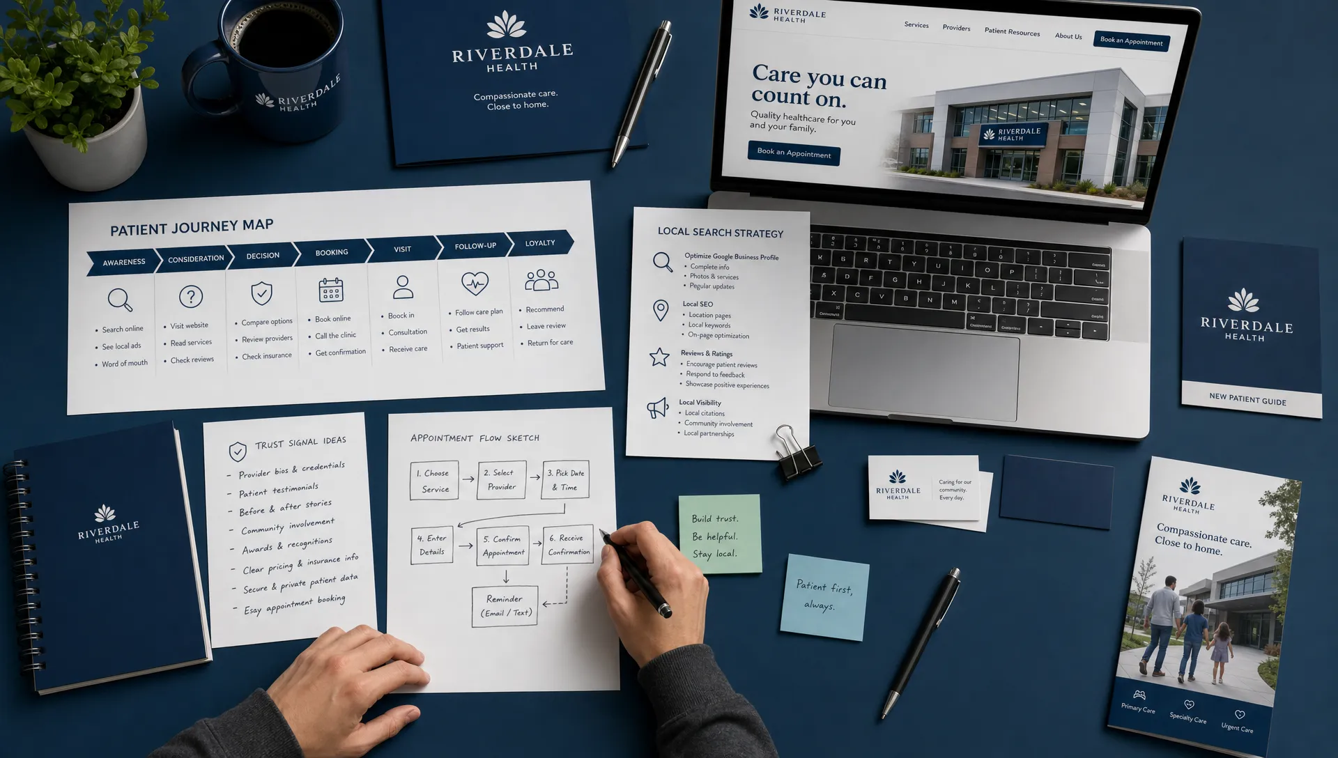 A healthcare marketing planning desk seen from overhead, showing printed patient journey maps, local search notes, trust signal ideas, and appointment flow sketches arranged beside clinic branding materials.