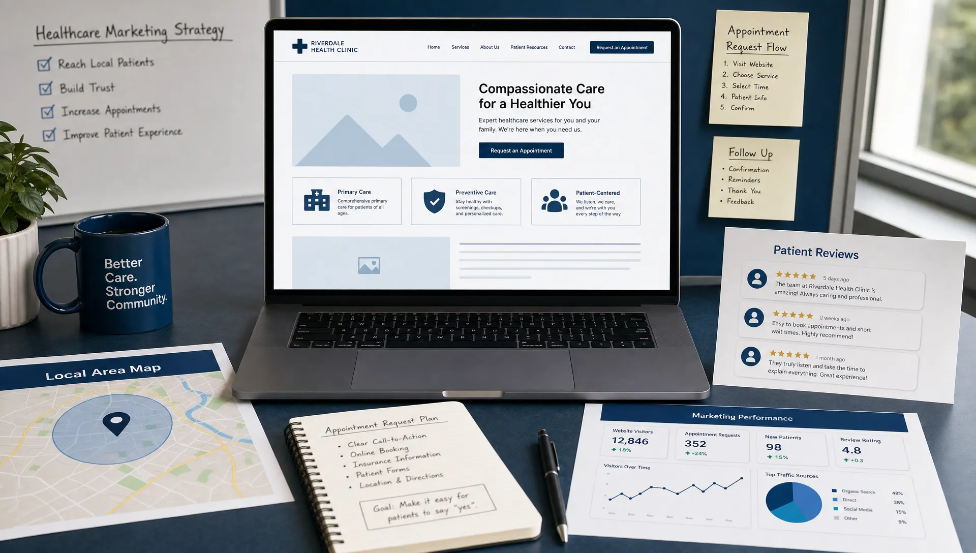 A healthcare marketing strategy workspace showing a laptop with a clinic website wireframe, a local map, appointment request notes, review cards, and analytics charts arranged on a desk.