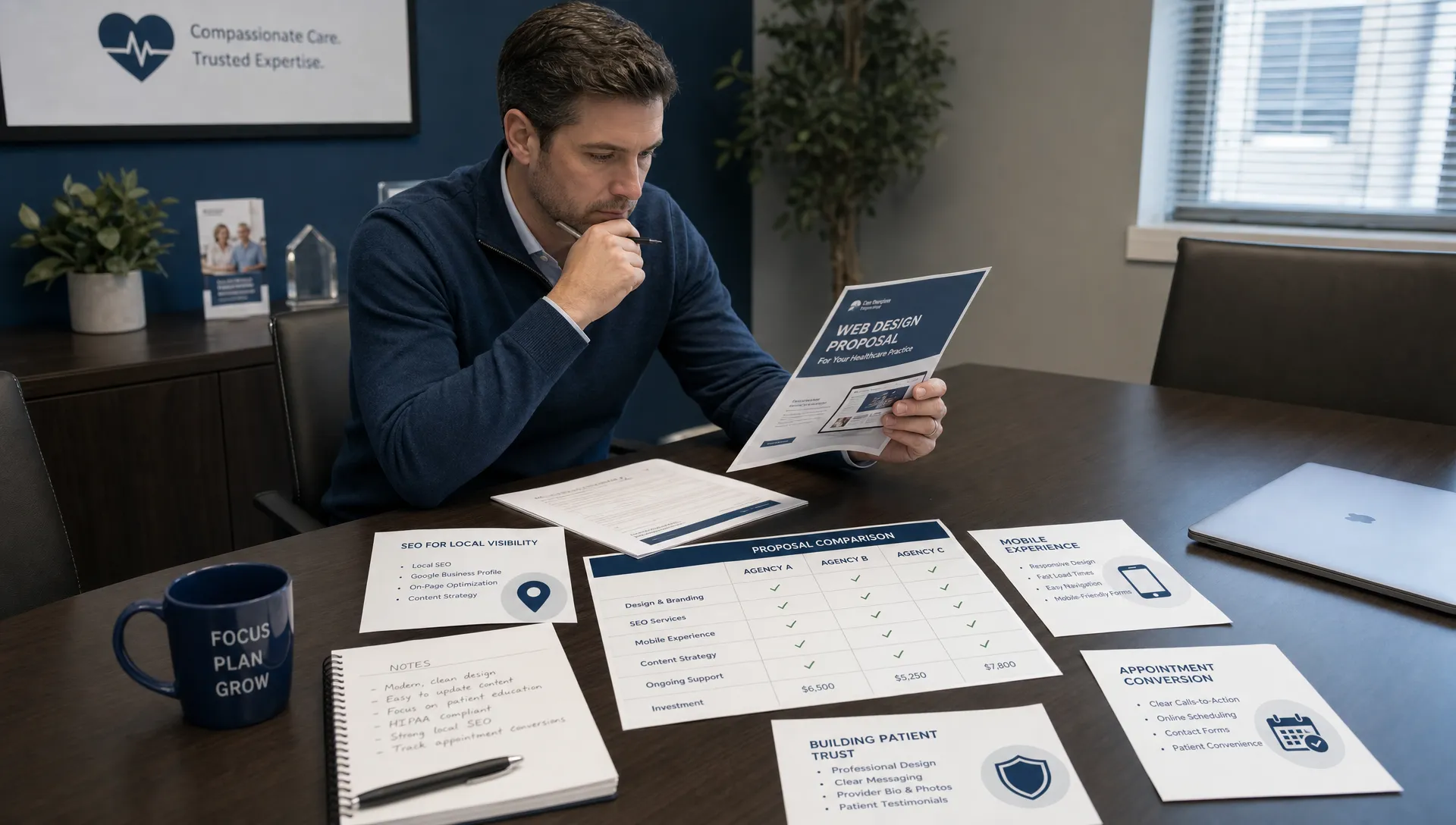 A healthcare practice owner reviewing local web design agency proposals at a conference table, with printed notes about SEO, patient trust, mobile experience, and appointment conversion spread across the surface.