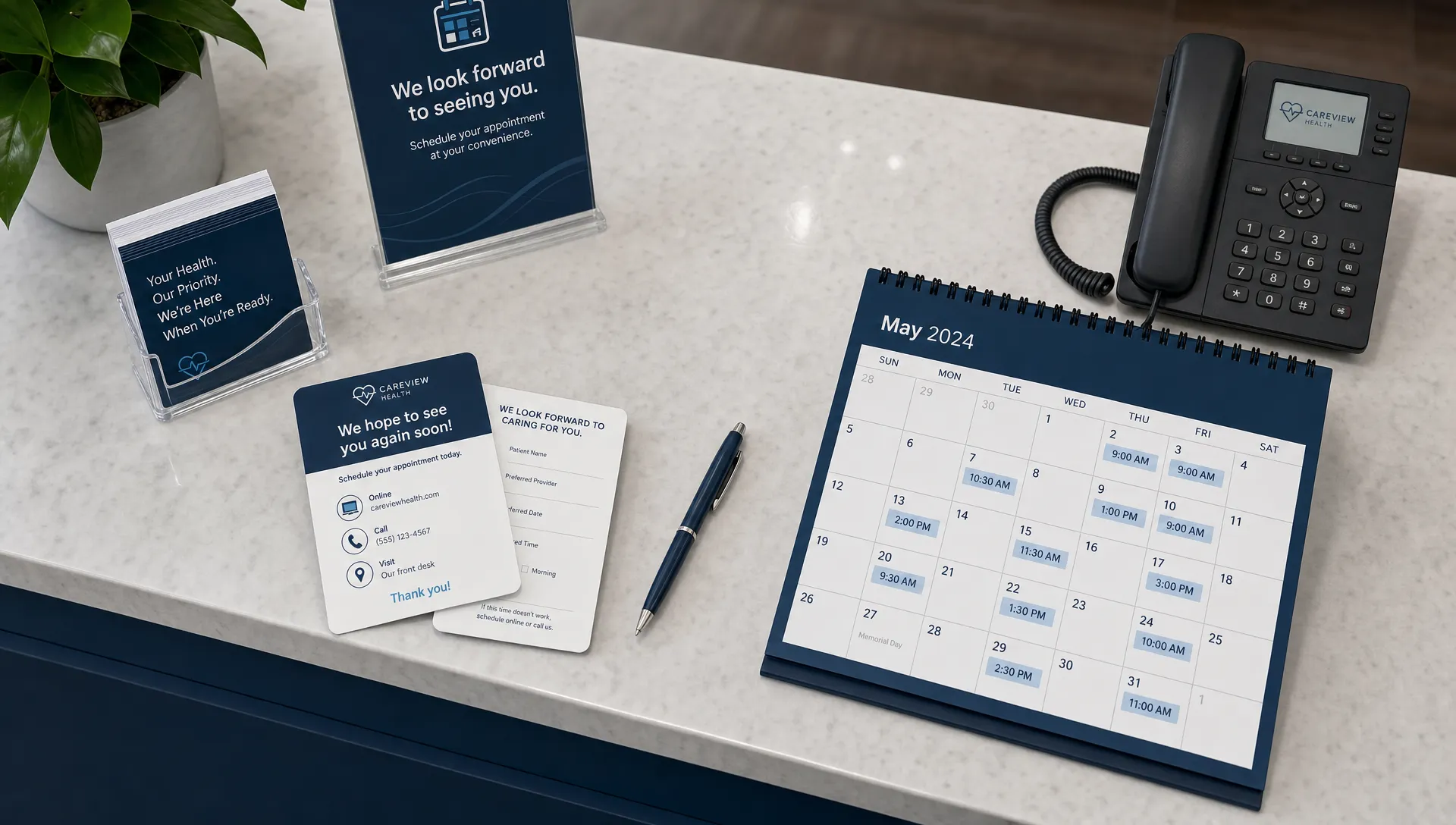 A healthcare clinic reception desk with appointment cards, a phone, and a calendar showing open appointment times, seen from an overhead angle to represent a respectful follow-up system that helps interested patients return to schedule care.
