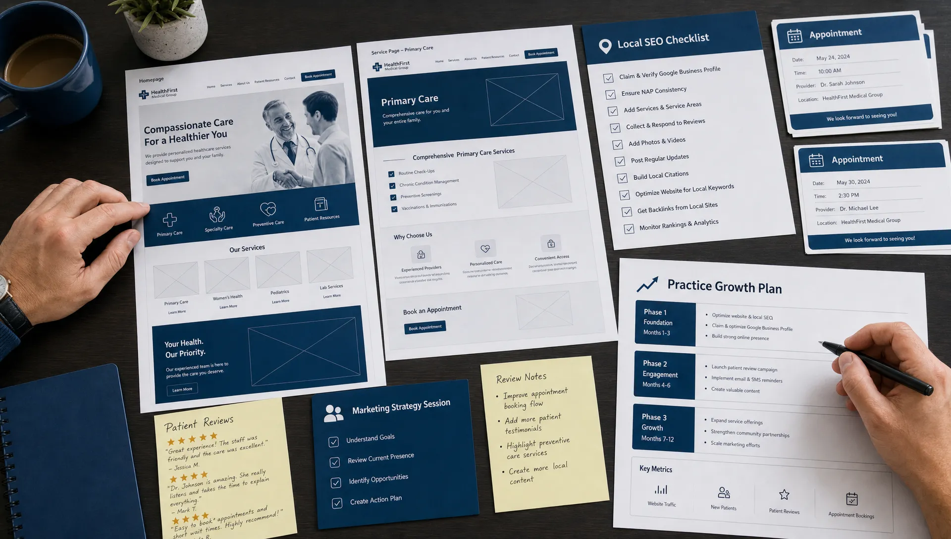 Printed healthcare website wireframes, a local SEO checklist, appointment cards, review notes, and a practice growth plan arranged on a desk in a marketing strategy session.