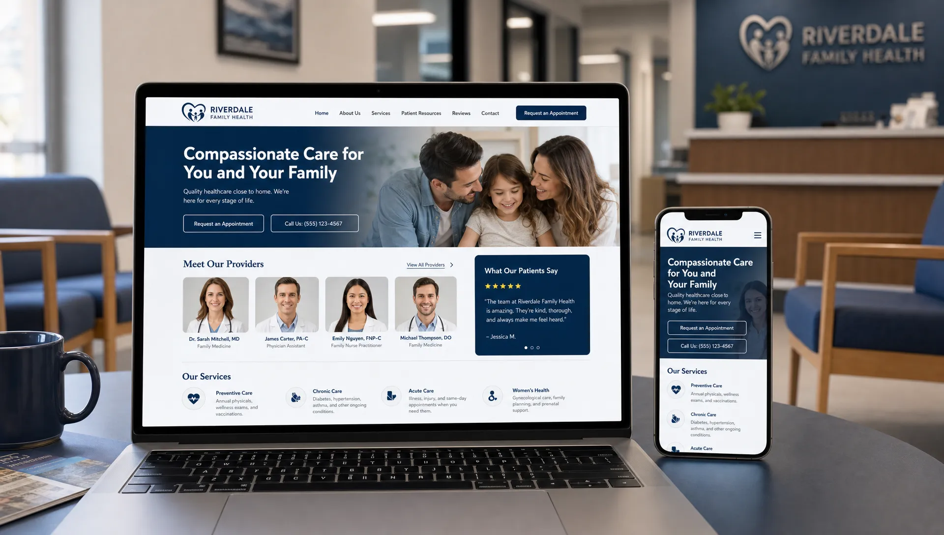 A modern healthcare practice website displayed on a laptop and phone in a clinic waiting area, showing a clean homepage with appointment buttons, provider photos, patient reviews, and service sections for local patients.