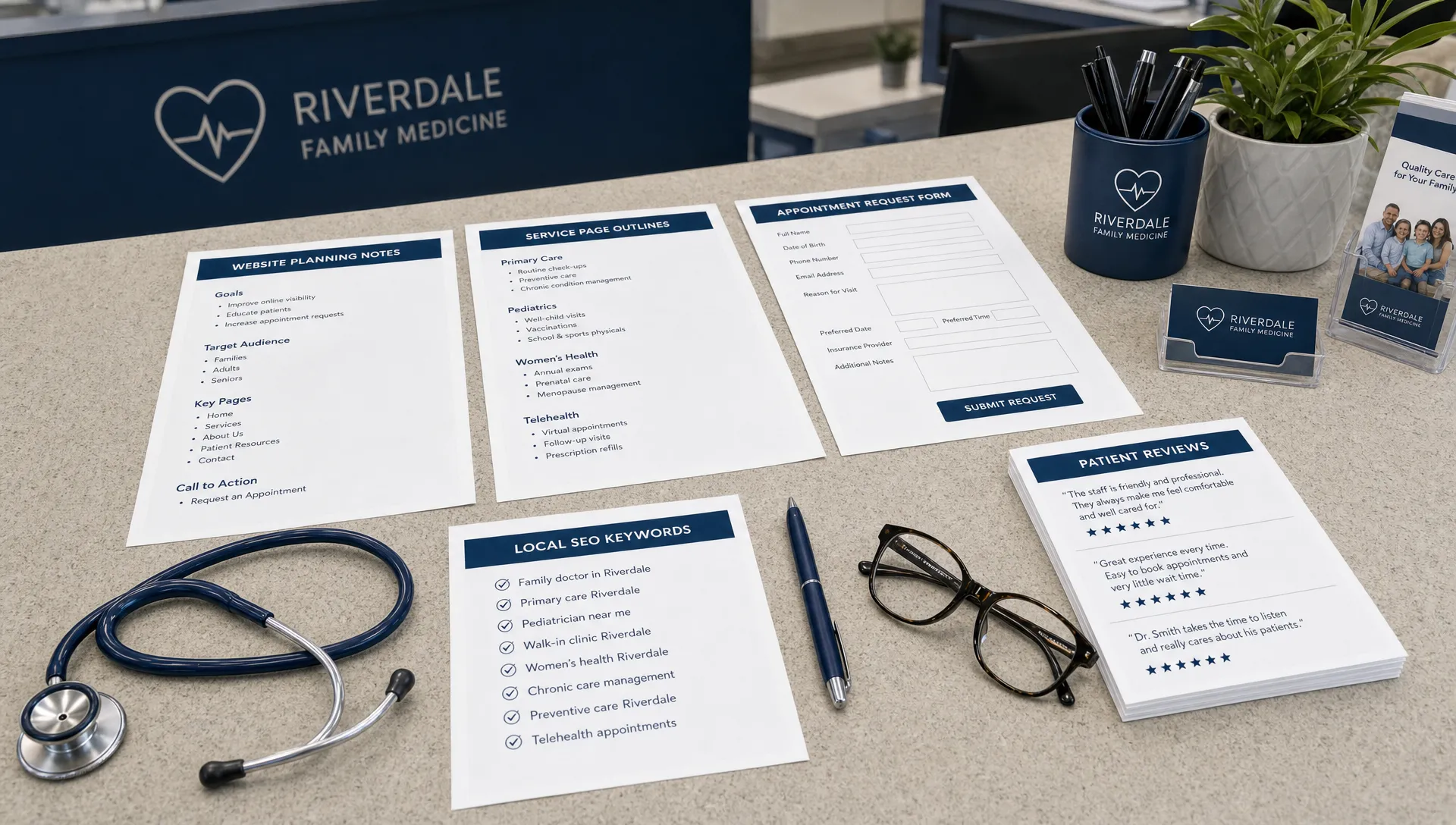 A healthcare practice front desk with printed website planning notes, service page outlines, appointment request forms, local SEO keywords, and patient review cards arranged beside eyeglasses and a stethoscope.