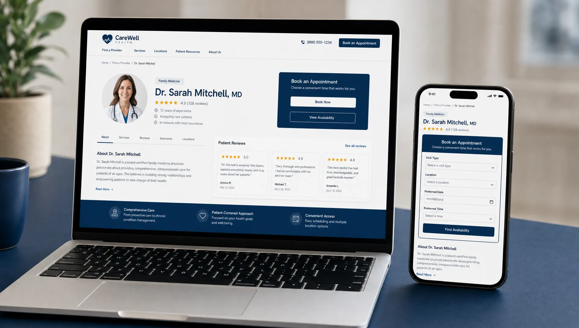 A mobile phone beside a laptop shows a healthcare website with appointment buttons, provider details, review cards, and a simple booking form.