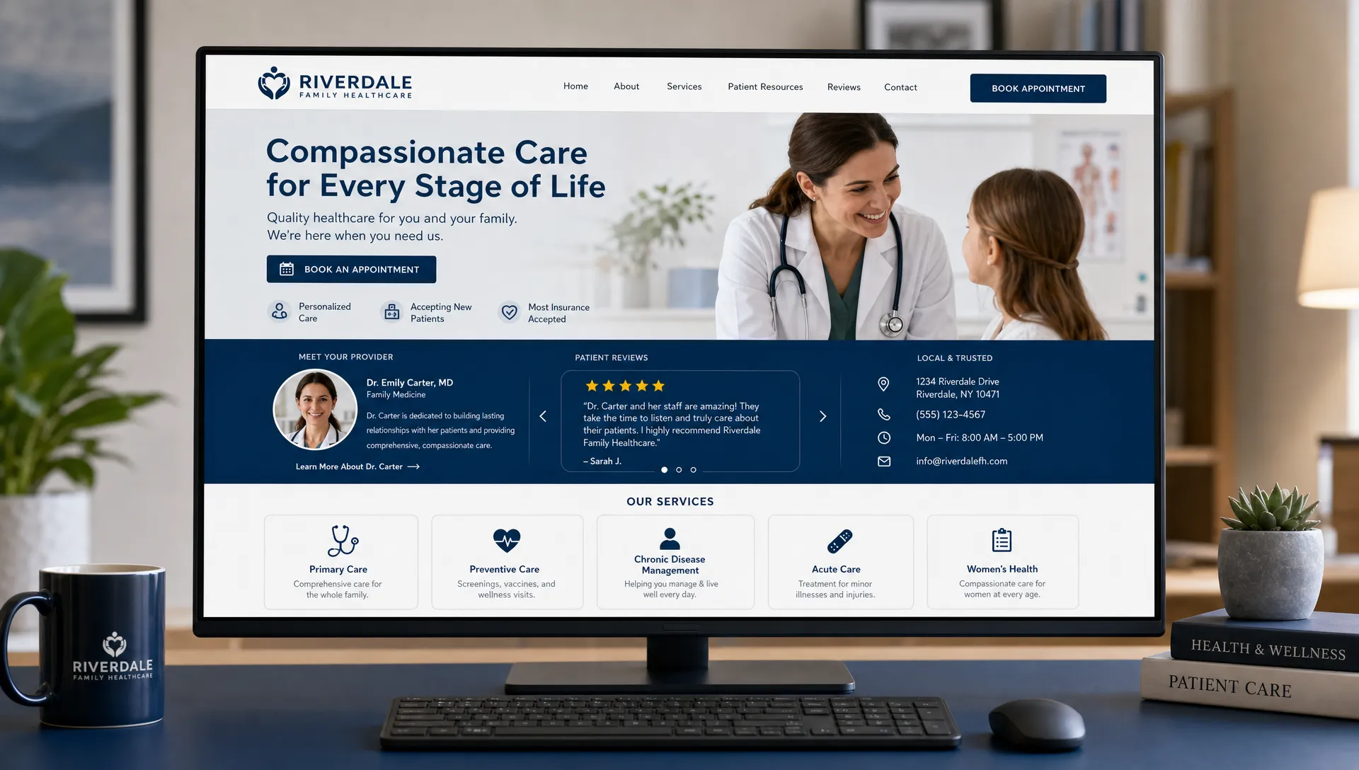 A clean healthcare website homepage displayed on a desktop monitor facing the viewer, with a clear appointment button, provider bio, patient reviews, service section headings, and local contact details visible on the screen.